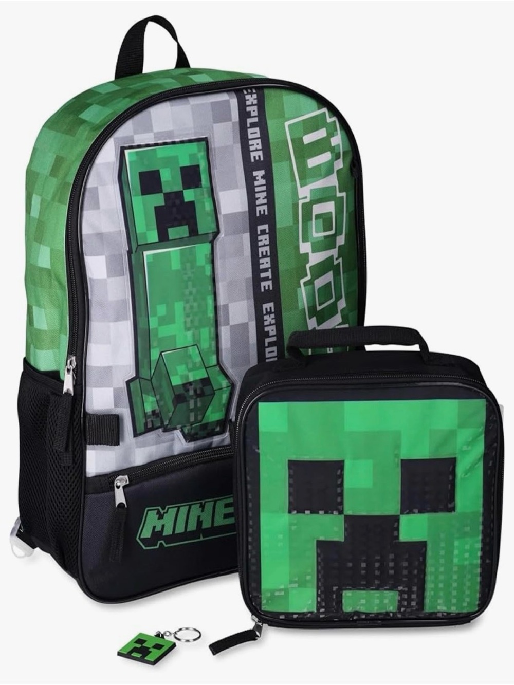 Minecraft 17" Laptop Backpack Lunchbox Bag  Set (Green/Gray/Black, 17 Inches)
